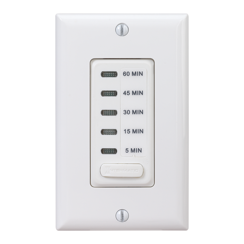 Intermatic EI205W, In-Wall Electronic Countdown Timer, 5/15/30/45/60 Min. Time Range, Single Pole, Max. 1800 Watt, 120 Volt, White ﻿