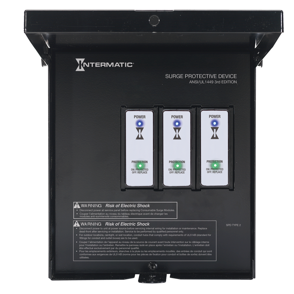 Intermatic IG2280-OM, Surge Protective Device, Single (Split) Phase, 6-Mode, 120/240 VAC 1Ph, Type 2, Outdoor type 3R metal, Black