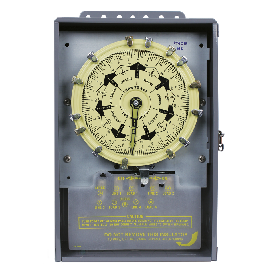 Intermatic T7401B, 7-Day Mechanical Time Switch, 120 VAC, 60Hz, 4-SPST, Indoor Metal Enclosure, 3.5 Hour Interval