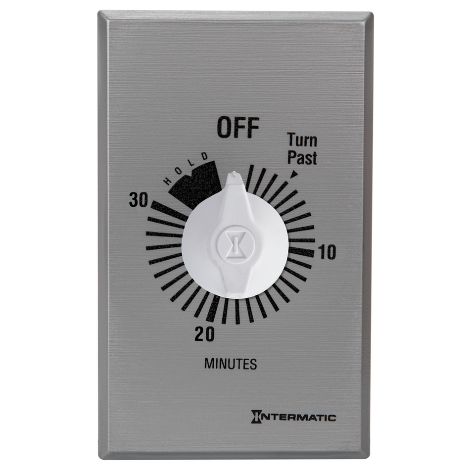 Intermatic FF30MH, Spring Wound Countdown Timer, Commercial, 125-277V, 50/60 Hz, SPST, 30 Minute Max, With Hold, Silver
