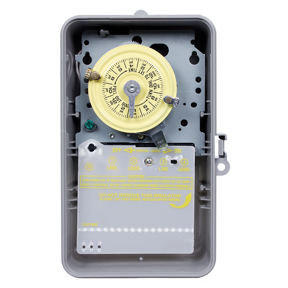 Intermatic T104P, 24-Hour Mechanical Time Switch, 208-277 VAC, 60Hz, DPST, Indoor/Outdoor Plastic Enclosure, 1 Hour Interval