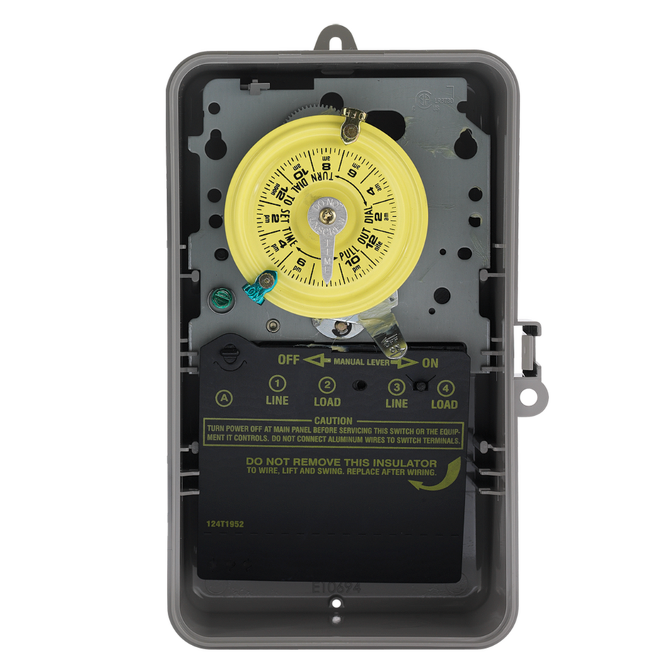 Intermatic T103P, 24-Hour Mechanical Time Switch, 120 VAC, 60Hz, DPST, Indoor/Outdoor Plastic Enclosure, 1 Hour Interval