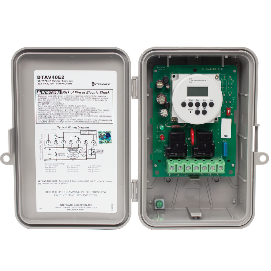 Intermatic DTAV40E2, 24-Hour/7-Day and Auto Voltage Electronic Defrost Timer, NEMA 3R Raintight Outdoor Plastic Enclosure, 40 Amps, 120-240 Volt ﻿