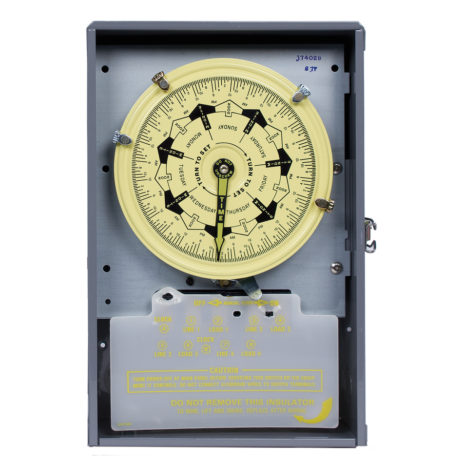 Intermatic T7402B, 7-Day Mechanical Time Switch, 208-277 VAC, 60Hz, 4-SPST, Indoor Metal Enclosure, 3.5 Hour Interval