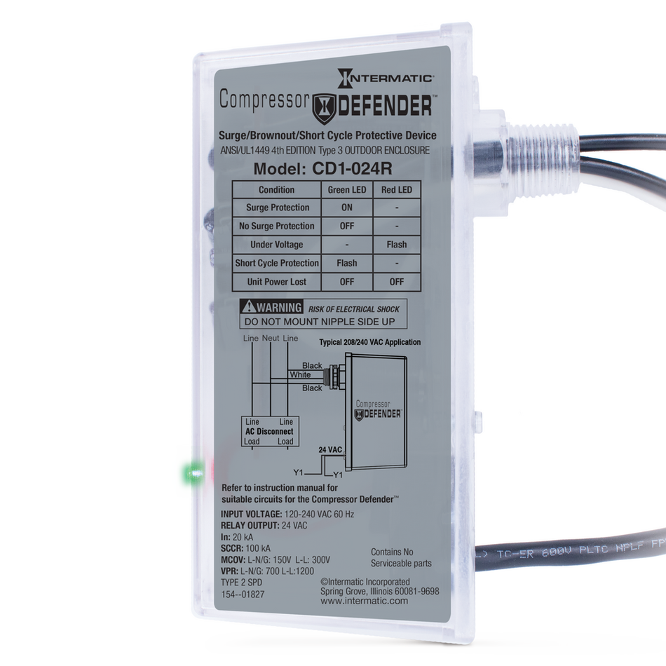 Intermatic CD1-024R, Surge Protective Device with Undervoltage Protection, 3-Mode, 120-240 VAC 1Ph, Type 2