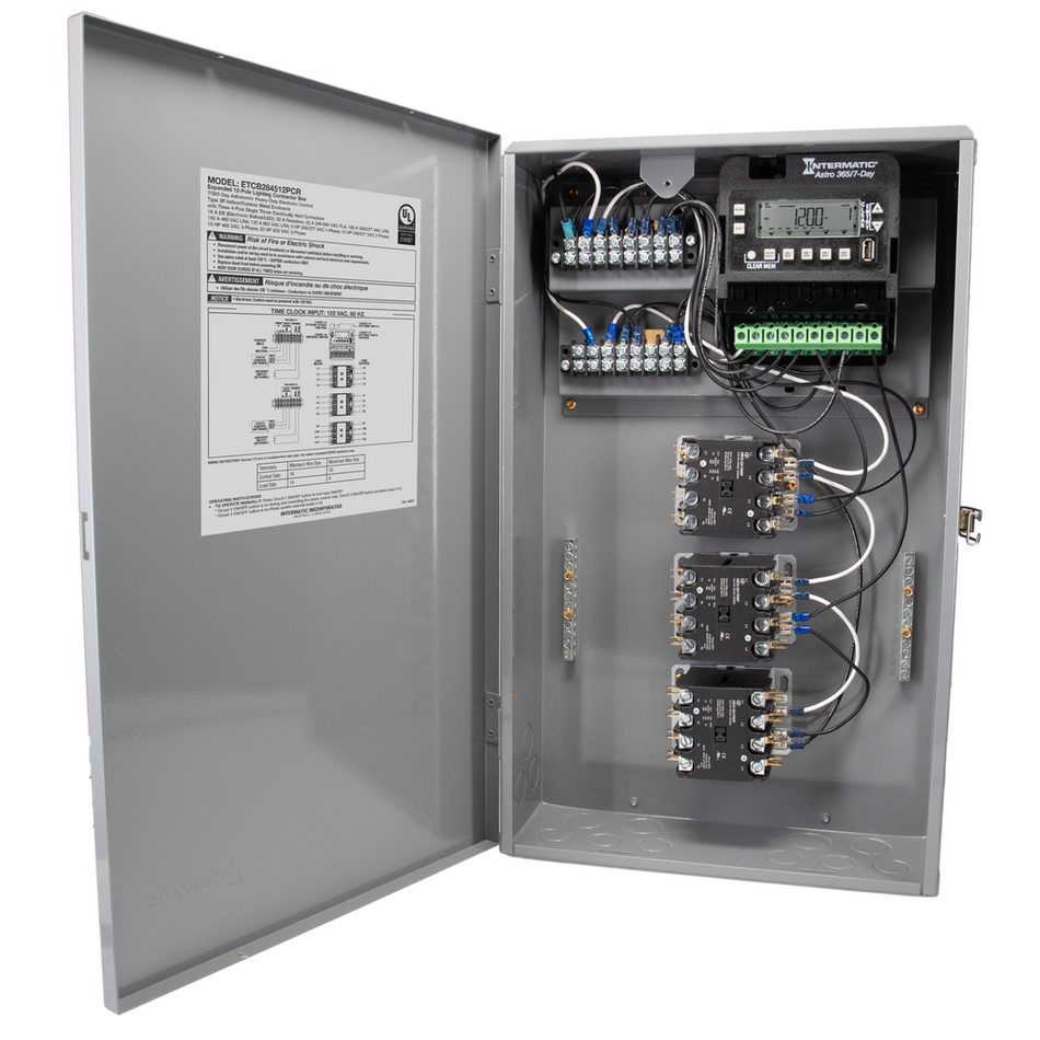 Intermatic ETCB284512PCR, Expanded 12-Pole Lighting Contractor Box, 120-600V, 60 Hz,3x 4PST, Outdoor Metal Enclosure