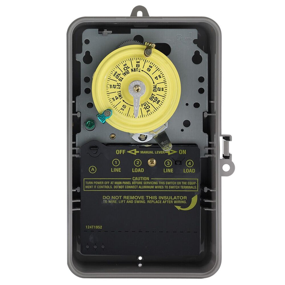 Intermatic T104PCD82, 24-Hour Mechanical Time Switch, 208-277 VAC, 60Hz, DPST, Indoor/Outdoor Plastic with See-Through Door Enclosure, 1 Hour Interval
