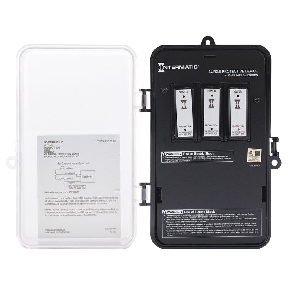 Intermatic IG2280-P, Whole Home Surge Protective Device, Single Phase, 6-Mode, 120/240 VAC 1Ph, Type 2, Indoor/outdoor type 3R plastic, Black