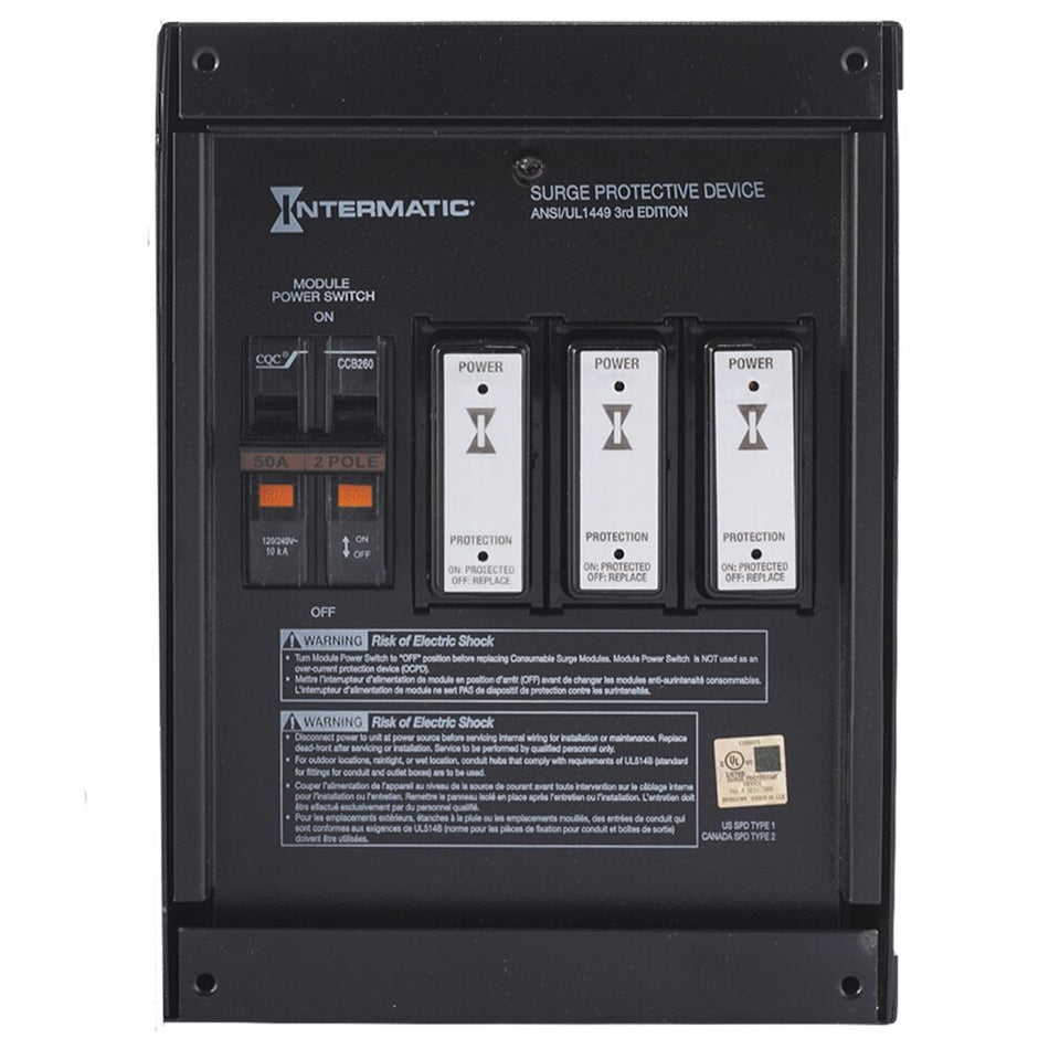Intermatic IG2240-IMSK, Surge Protective Device, Single (Split) Phase, 6-Mode, 120/240 VAC 1Ph, Type 1 or Type 2, Indoor type 1 metal, Black