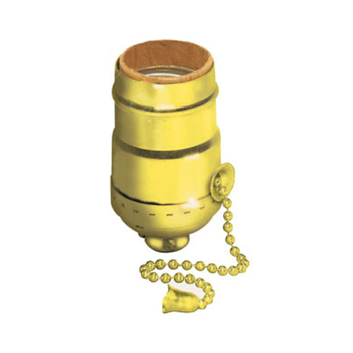Leviton 19980-PG, Aluminum Shell Incandescent Lampholder, Medium Base Complete, Pull Chain, Single Circuit, 1/8 IPS Tapped Bushing with Set Screw, Brass