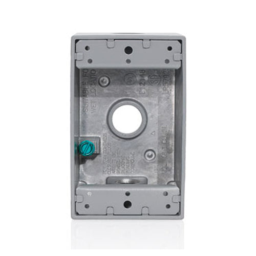 Leviton 1GM53-GY, 1-Gang Die-Cast Weatherproof Box with Three 1/2'' Diameter Outlets, Includes Mounting Hardware and Inserts to Cover Unused Openings, Gray