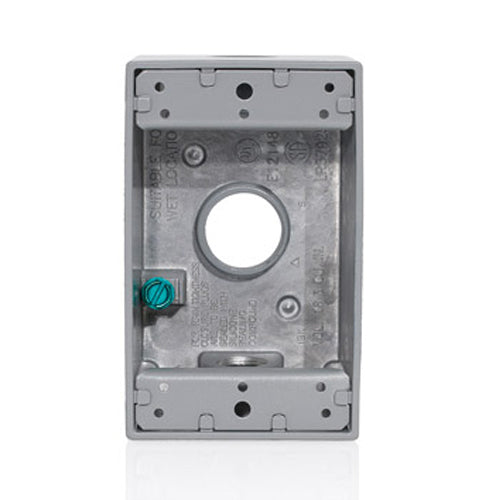 Leviton 1GM73-GY, 1-Gang Die-Cast Weatherproof Box with Three 3/4'' Diameter Outlets, Includes Mounting Hardware and Inserts to Cover Unused Openings, Gray