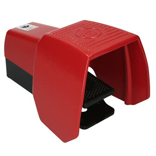 Bernstein F1-U1Z UN Foot Swtich, Single Pedal Switch, Spring Retrun with Guard, 240V 10A 1NO + 1NC, Slow Action, Red Aluminum Enclosure and Guard, IP65