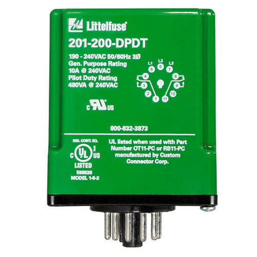 Littelfuse 201-200-DPDT, 201-DPDT Series, 3-Phase Voltage/Phase Monitor, Voltage Sensing AC 190 ~ 240VAC, DPDT (2 Form C)