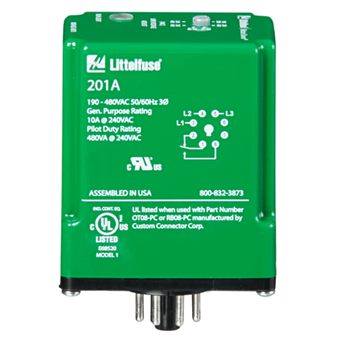 Littelfuse 201A-9, 201A Series, 3-Phase Voltage/Phase Monitor, Voltage Asymmetry, Voltage Sensing AC 190 ~ 480VAC, DIN-rail or surface mountable & Includes high voltage detection