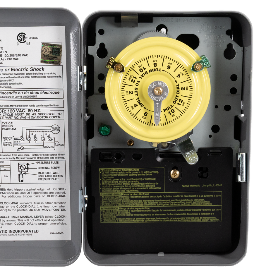 Intermatic T101, 24-Hour Mechanical Time Switch, 120 VAC, 60Hz, SPST, Indoor Metal Enclosure, 1 Hour Interval