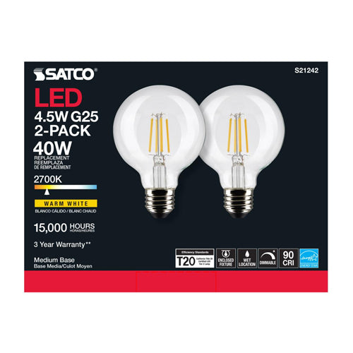 Satco S21242, G25 LED Filament, 120V, 4.5W, 350 Lumens, 2700K Warm White, Medium E26 Base, 90 CRI, Dimmable, 2 Packs