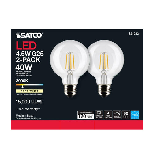 Satco S21243, G25 LED Filament, 120V, 4.5W, 350 Lumens, 3000K Soft White, Medium E26 Base, 90 CRI, Dimmable, 2 Packs