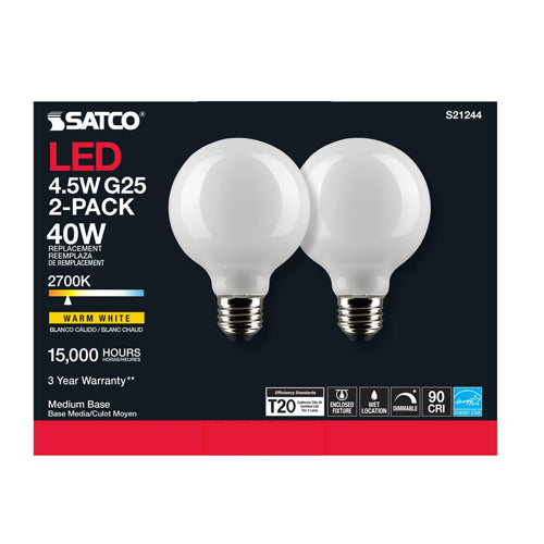 Satco S21244, G25 LED Filament, 120V, 4.5W, 350 Lumens, 4000K Cool White, Medium E26 Base, 90 CRI, Dimmable, 2 Packs