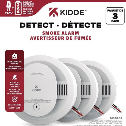 Kidde 20SAR-CA, DETECT Series Smoke Alarm, 120V Hardwired with AA Backup Battery, Ordering P/N #: 21031487, 3 Pack