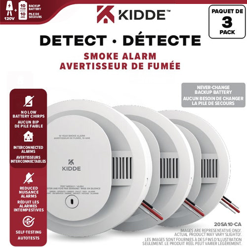 Kidde 20SA10-CA, DETECT Series Smoke Alarm, 120V Hardwired with 10-Year Backup Battery, Ordering P/N #: 21031560, 3 Pack