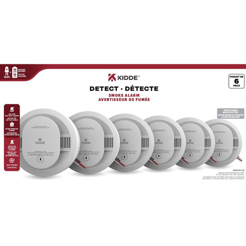 Kidde 20SA10-CA, DETECT Series Smoke Alarm, 120V Hardwired with 10-Year Backup Battery, Ordering P/N #: 21033110, 6 Pack