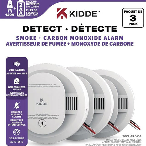 Kidde 30CUA10-VCA, DETECT Series Combination Smoke & Carbon Monoxide Alarm, Hardwired with 10-Year Backup Battery and Voice Alerts, Ordering P/N #: 21033116, 3 Pack