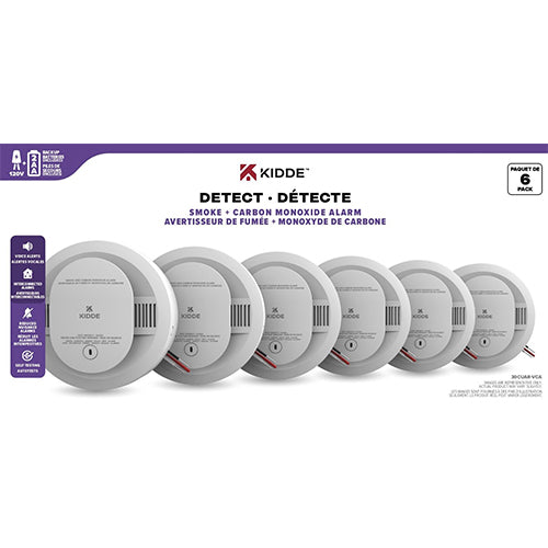 Kidde 30CUA10-VCA, DETECT Series Combination Smoke & Carbon Monoxide Alarm, Hardwired with 10-Year Backup Battery and Voice Alerts, Ordering P/N #: 21033117, 6 Pack