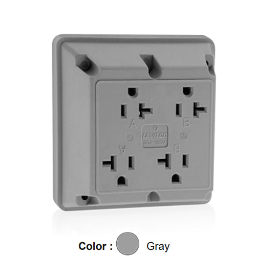 Leviton 21254-GY, 4-in-1 Quadruplex Receptacle, Heavy-Duty Industrial Specification Grade, 20A 125V, NEMA 5-20R, 2-Pole, 3-Wire, Side Wire Only, Gray