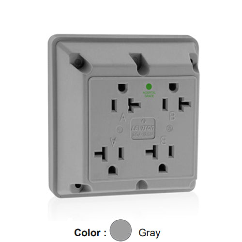 Leviton 21254-HGY, 4-in-1 Quadruplex Receptacle, Heavy-Duty Hospital Grade, 20A 125V, NEMA 5-15R, 2-Pole, 3-Wire, Side Wire Only, Gray
