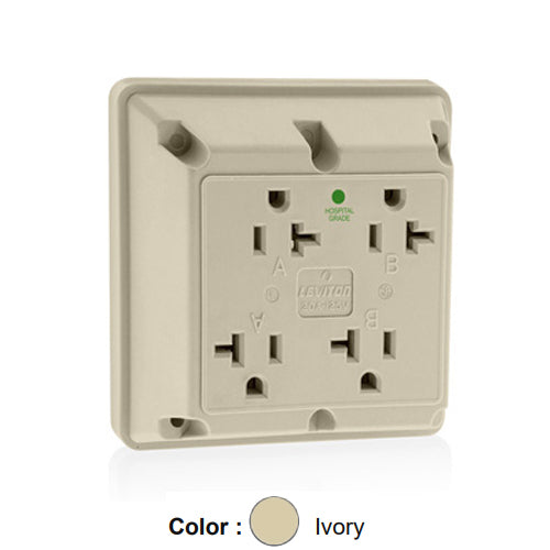 Leviton 21254-HI, 4-in-1 Quadruplex Receptacle, Heavy-Duty Hospital Grade, 20A 125V, NEMA 5-15R, 2-Pole, 3-Wire, Side Wire Only, Ivory