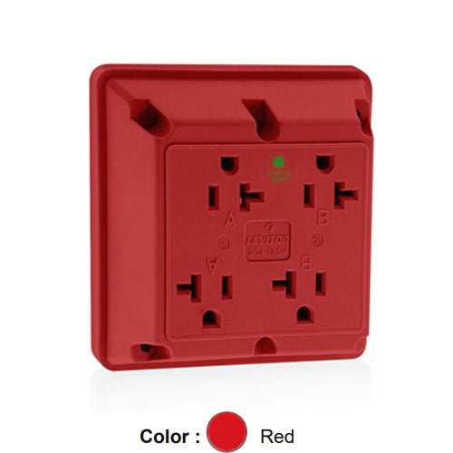 Leviton 21254-HR, 4-in-1 Quadruplex Receptacle, Heavy-Duty Hospital Grade, 20A 125V, NEMA 5-15R, 2-Pole, 3-Wire, Side Wire Only, Red