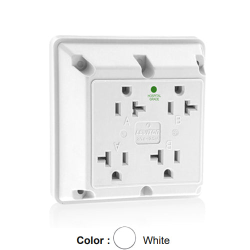 Leviton 21254-HW, 4-in-1 Quadruplex Receptacle, Heavy-Duty Hospital Grade, 20A 125V, NEMA 5-15R, 2-Pole, 3-Wire, Side Wire Only, White