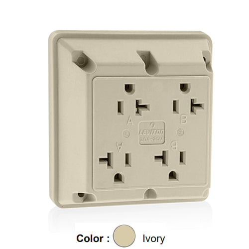 Leviton 21254-I, 4-in-1 Quadruplex Receptacle, Heavy-Duty Industrial Specification Grade, 20A 125V, NEMA 5-20R, 2-Pole, 3-Wire, Side Wire Only, Ivory