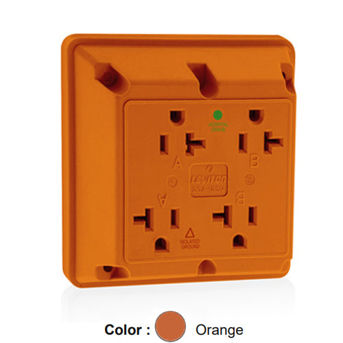 Leviton 21254-IG, 4-in-1 Quadruplex Receptacle, Heavy-Duty Hospital Grade, Isolated Ground , 20A 125V, NEMA 5-20R, 2-Pole, 3-Wire, Side Wire Only, Orange
