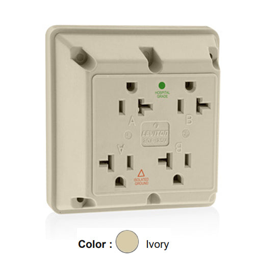 Leviton 21254-IGI, 4-in-1 Quadruplex Receptacle, Heavy-Duty Hospital Grade, Isolated Ground , 20A 125V, NEMA 5-20R, 2-Pole, 3-Wire, Side Wire Only, Ivory