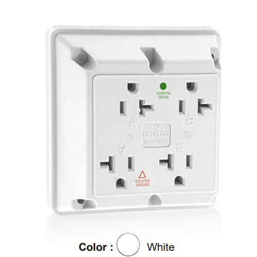 Leviton 21254-IGW, 4-in-1 Quadruplex Receptacle, Heavy-Duty Hospital Grade, Isolated Ground , 20A 125V, NEMA 5-20R, 2-Pole, 3-Wire, Side Wire Only, White