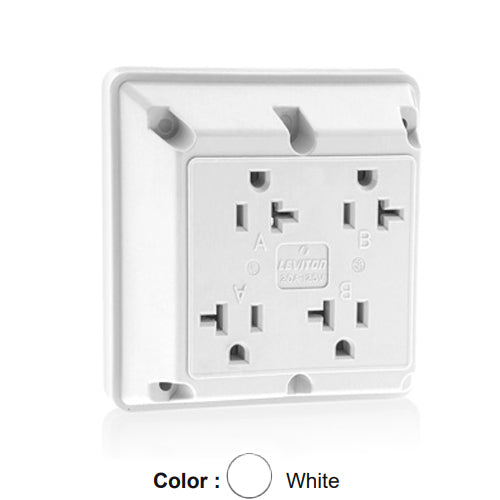 Leviton 21254-W, 4-in-1 Quadruplex Receptacle, Heavy-Duty Industrial Specification Grade, 20A 125V, NEMA 5-20R, 2-Pole, 3-Wire, Side Wire Only, White