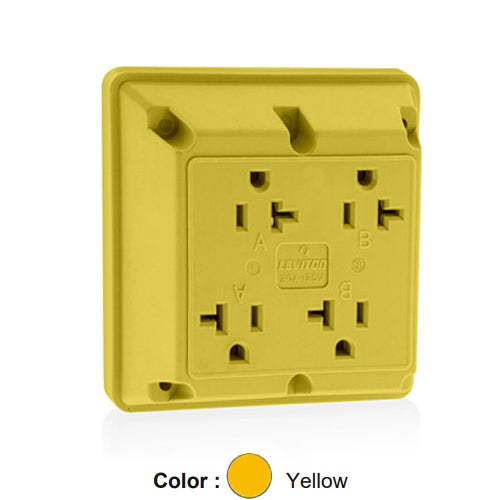 Leviton 21254-Y, 4-in-1 Quadruplex Receptacle, Heavy-Duty Industrial Specification Grade, 20A 125V, NEMA 5-20R, 2-Pole, 3-Wire, Side Wire Only, Yellow