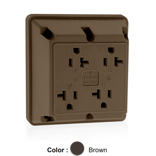 Leviton 21254, 4-in-1 Quadruplex Receptacle, Heavy-Duty Industrial Specification Grade, 20A 125V, NEMA 5-20R, 2-Pole, 3-Wire, Side Wire Only, Brown