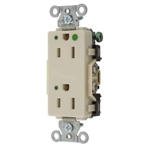 Hubbell-PRO Extra Heavy Duty Hospital Grade Receptacles, Style Line Decorator, LED Indicator, Nylon Face, Back And Side Wired, 15A 125V, 5-15R, 2-Pole 3-Wire Grounding, Ivory, 2172IVL