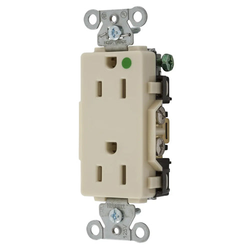 Hubbell-PRO Extra Heavy Duty Hospital Grade Receptacles, Style Line Decorator, Nylon Face, Back And Side Wired, 15A 125V, 5-15R, 2-Pole 3-Wire Grounding, Ivory, 2172IV