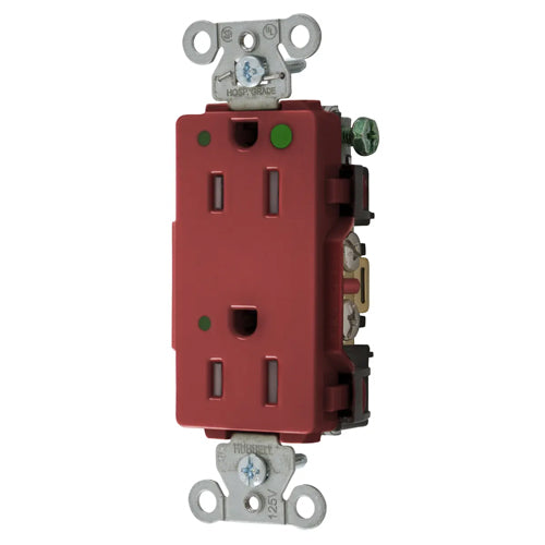 Hubbell-PRO Extra Heavy Duty Hospital Grade Receptacles, Style Line Decorator, Tamper Resistant, LED Indicator, Nylon Face, Back And Side Wired, 15A 125V, 5-15R, 2-Pole 3-Wire Grounding, Red, 2172REDLTRA