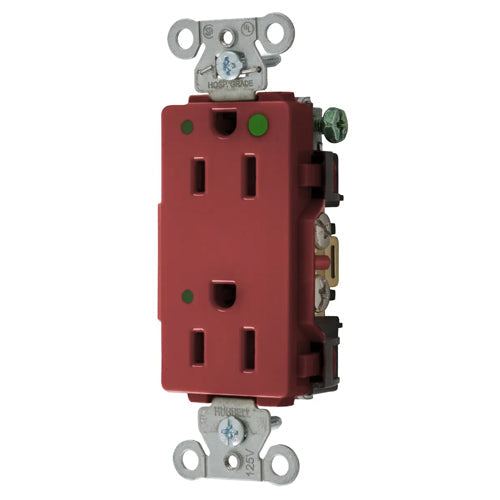 Hubbell-PRO Extra Heavy Duty Hospital Grade Receptacles, Style Line Decorator, LED Indicator, Nylon Face, Back And Side Wired, 15A 125V, 5-15R, 2-Pole 3-Wire Grounding, Red, 2172REDL