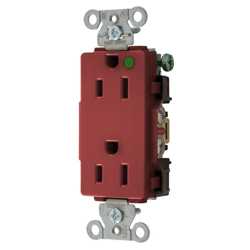 Hubbell-PRO Extra Heavy Duty Hospital Grade Receptacles, Style Line Decorator, Nylon Face, Back And Side Wired, 15A 125V, 5-15R, 2-Pole 3-Wire Grounding, Red, 2172RED