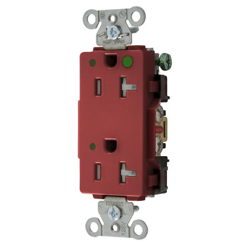 Hubbell-PRO Extra Heavy Duty Hospital Grade Receptacles, Style Line Decorator, Tamper Resistant, LED Indicator, Nylon Face, Back And Side Wired, 20A 125V, 5-20R, 2-Pole 3-Wire Grounding, Red, 2182REDLTRA