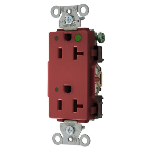 Hubbell-PRO Extra Heavy Duty Hospital Grade Receptacles, Style Line Decorator, LED Indicator, Nylon Face, Back And Side Wired, 20A 125V, 5-20R, 2-Pole 3-Wire Grounding, Red, 2182REDL