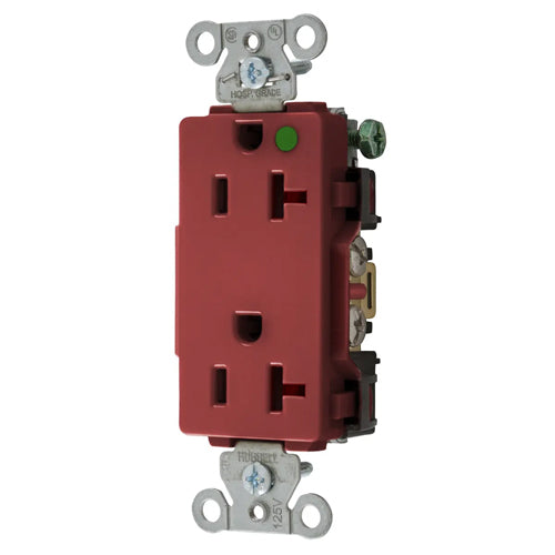 Hubbell-PRO Extra Heavy Duty Hospital Grade Receptacles, Style Line Decorator, Nylon Face, Back And Side Wired, 20A 125V, 5-20R, 2-Pole 3-Wire Grounding, Red, 2182RED