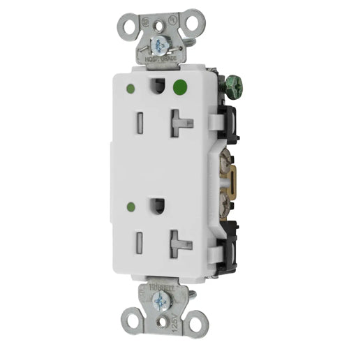 Hubbell-PRO Extra Heavy Duty Hospital Grade Receptacles, Style Line Decorator, Tamper Resistant, LED Indicator, Nylon Face, Back And Side Wired, 20A 125V, 5-20R, 2-Pole 3-Wire Grounding, White, 2182WLTRA