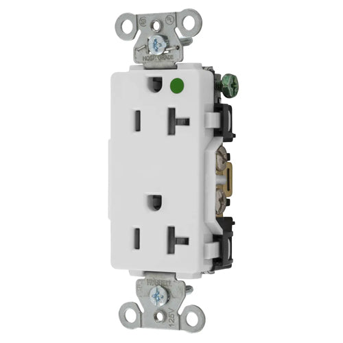 Hubbell-PRO Extra Heavy Duty Hospital Grade Receptacles, Style Line Decorator, Nylon Face, Back And Side Wired, 20A 125V, 5-20R, 2-Pole 3-Wire Grounding, White, 2182W